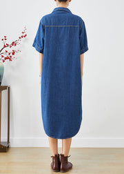 Fitted Navy Peter Pan Collar Slim Fit Denim Long Dresses Summer