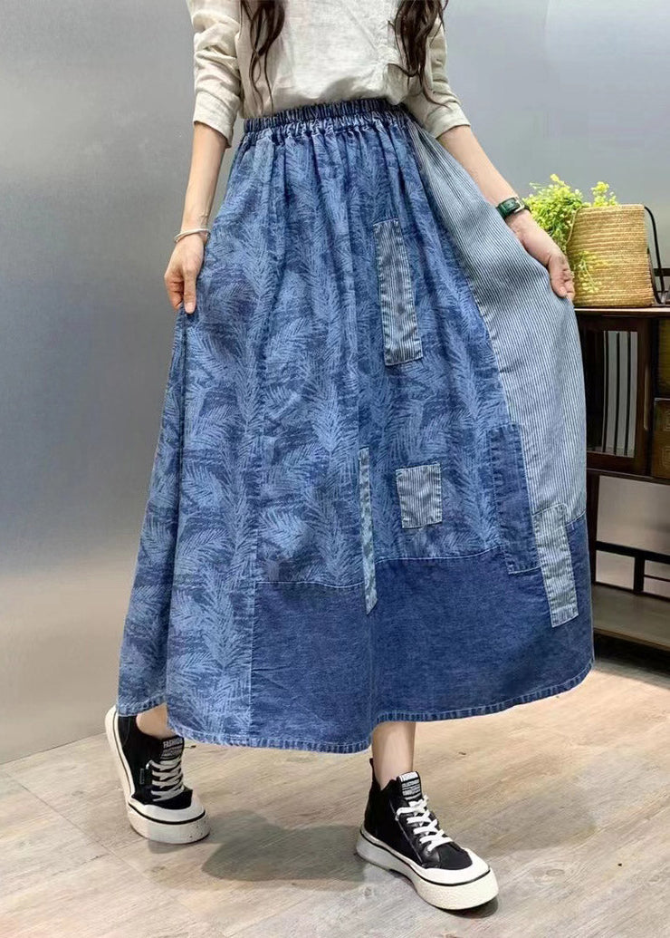 Fitted Navy Print Patchwork Elastic Waist Maxi Skirt Summer