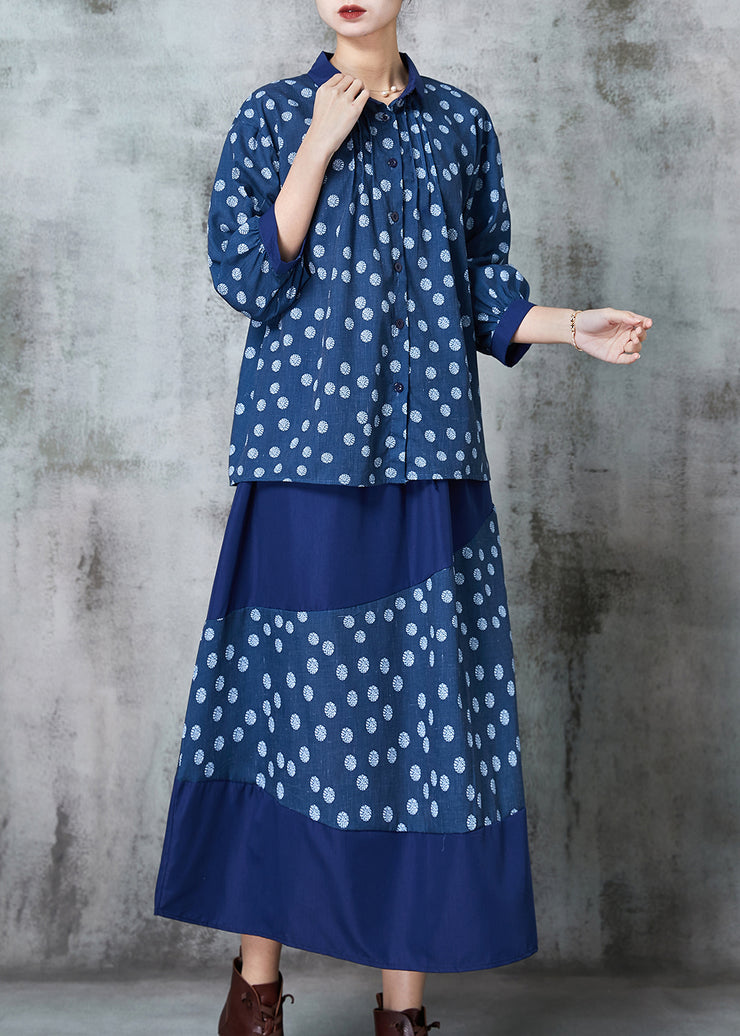 Fitted Navy Print Patchwork Linen Women Sets 2 Pieces Spring