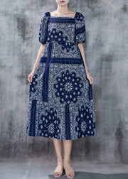 Fitted Navy Square Collar Print Cotton Dresses Puff Sleeve