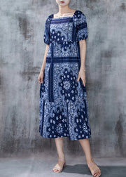 Fitted Navy Square Collar Print Cotton Dresses Puff Sleeve