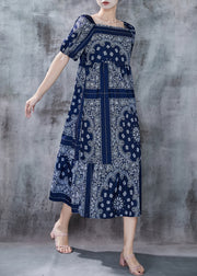 Fitted Navy Square Collar Print Cotton Dresses Puff Sleeve