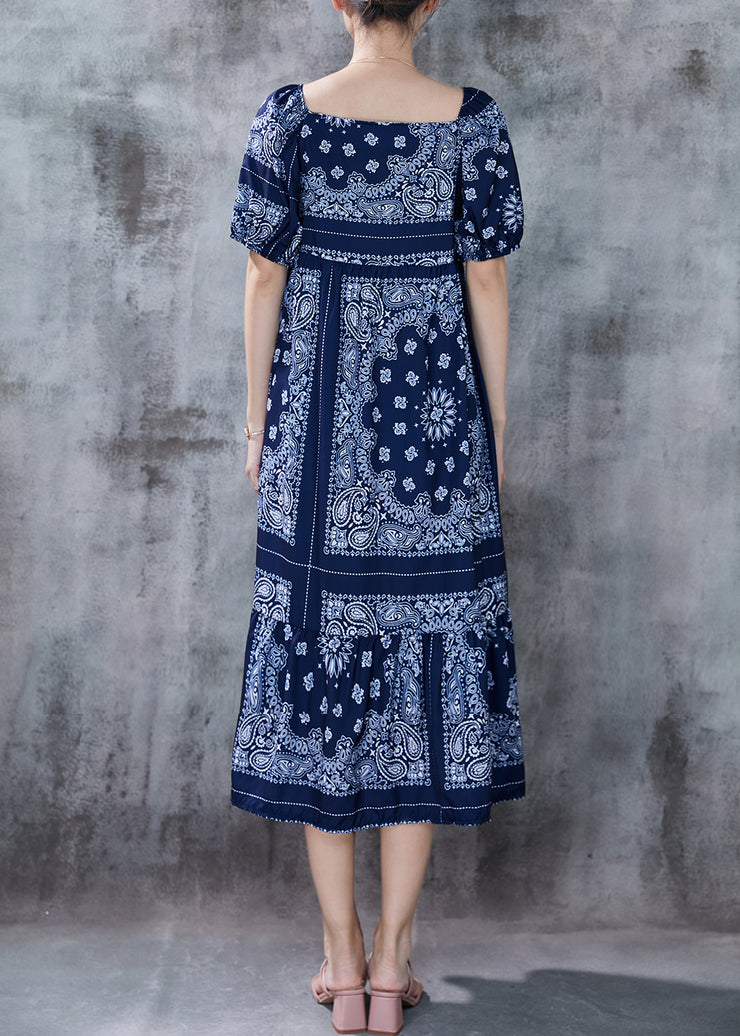 Fitted Navy Square Collar Print Cotton Dresses Puff Sleeve