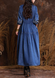 Fitted Navy V Neck Embroidered Patchwork Elastic Waist Maxi Denim Dresses Half Sleeve