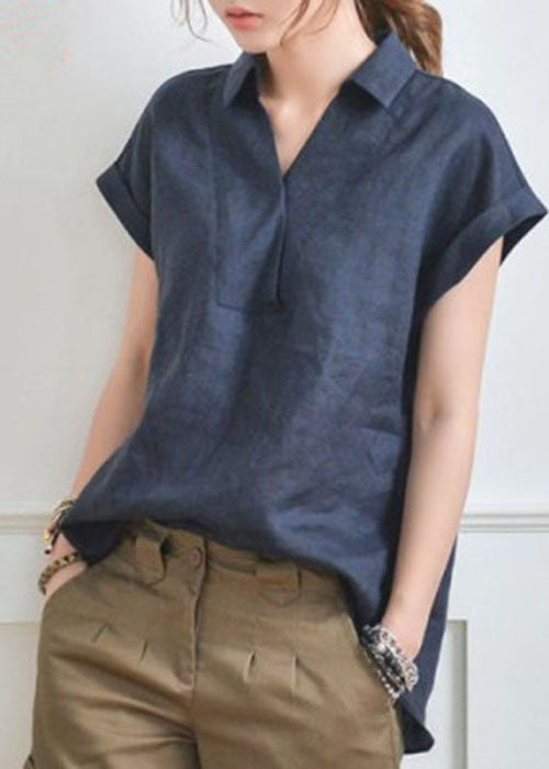 Fitted Navy V Neck Low High Design Linen Shirt Top Short Sleeve