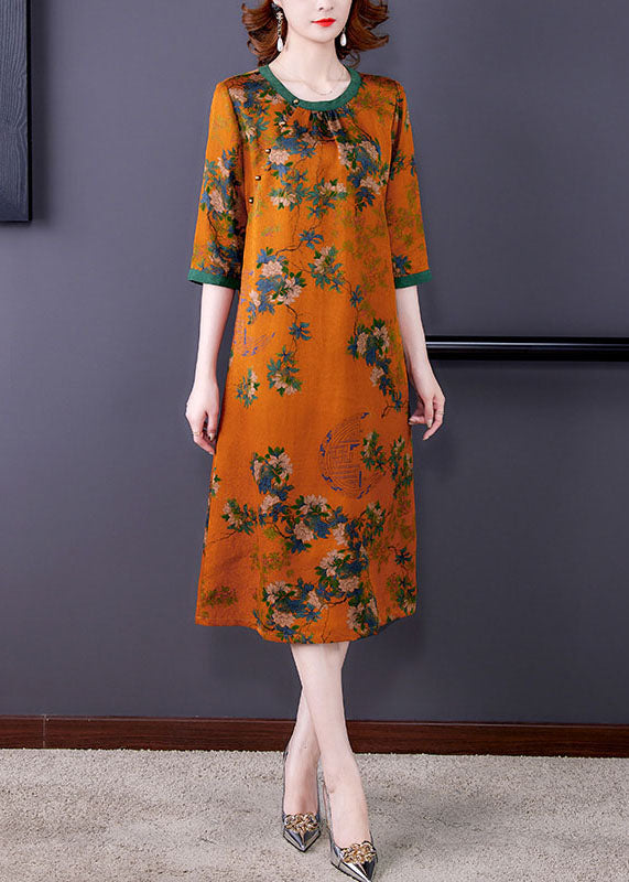 Fitted Orange O Neck Print Patchwork Silk Dresses Summer