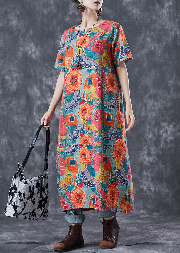 Fitted Orange Oversized Print Linen Maxi Dresses Summer