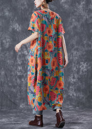 Fitted Orange Oversized Print Linen Maxi Dresses Summer