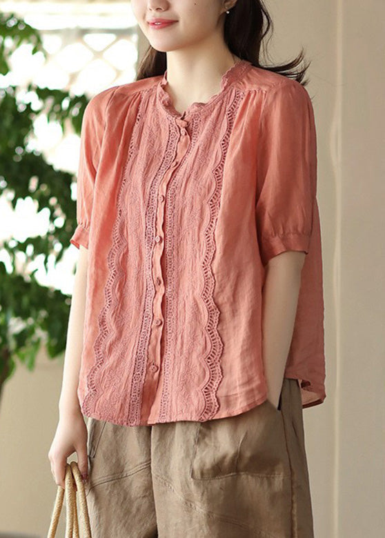 Fitted Orange Ruffled Patchwork Button Ramie Shirt Short Sleeve