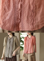 Fitted Orange Ruffled Patchwork Button Ramie Shirt Short Sleeve