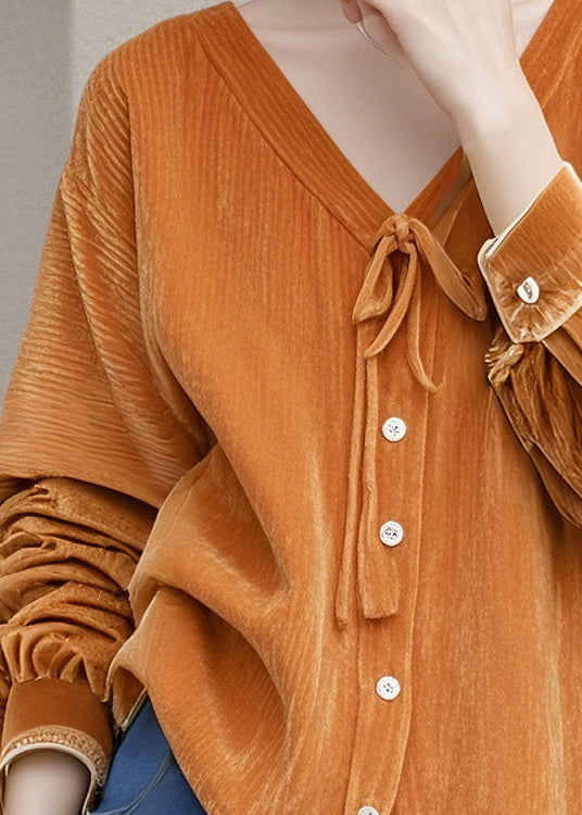 Fitted Orange V Neck Lace Up Silk Velour Shirt Spring