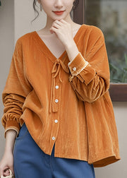 Fitted Orange V Neck Lace Up Silk Velour Shirt Fall