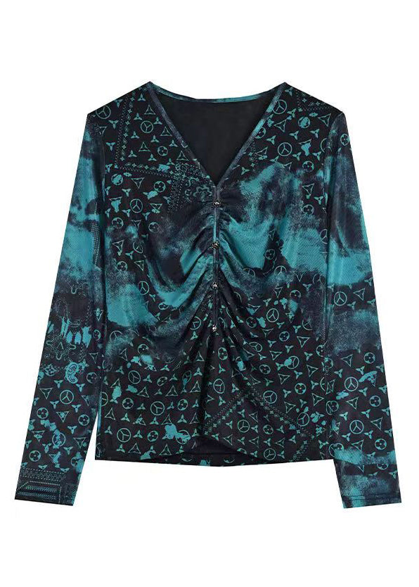 Fitted Peacock Blue V Neck Print Wrinkled Top Long Sleeve