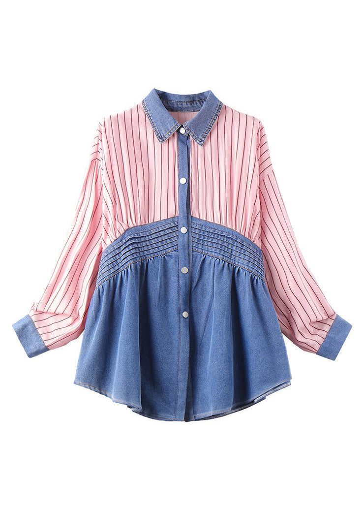 Fitted Pink Blue Peter Pan Collar Button Shirt Long Sleeve