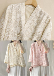 Fitted Pink Chinese Button Lace Shirt Top Spring