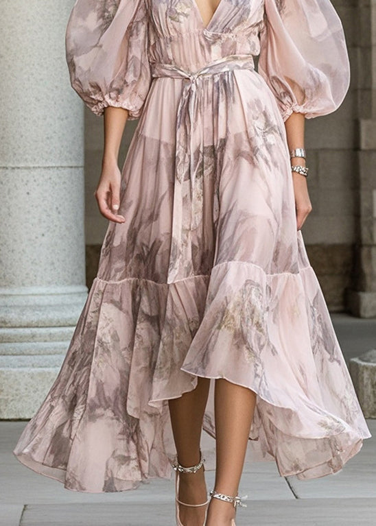 Fitted Pink Cinched Print Chiffon Robe Dresses Puff Sleeve