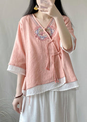 Fitted Pink Embroideried Patchwork Cotton Fake Two Piece Top Summer