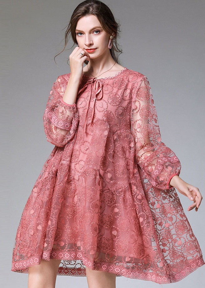 Fitted Pink Embroideried Patchwork Lace Mid Dress Long Sleeve