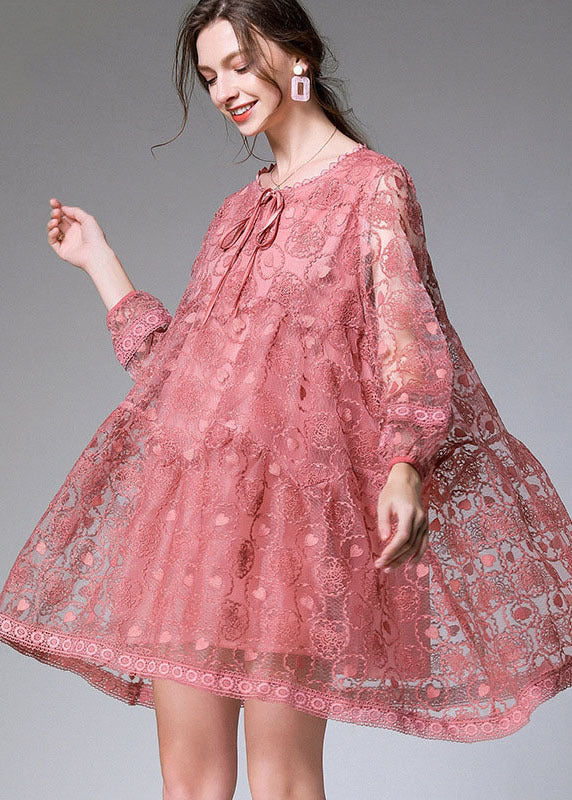 Fitted Pink Embroideried Patchwork Lace Mid Dress Long Sleeve