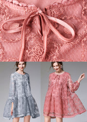 Fitted Pink Embroideried Patchwork Lace Mid Dress Long Sleeve