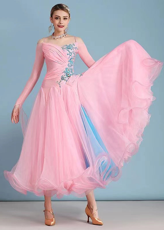 Fitted Pink Embroideried Ruffled Tulle Patchwork Dance Dress Long Sleeve