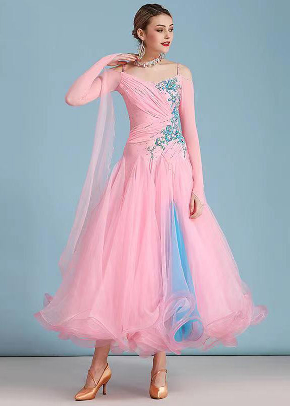 Fitted Pink Embroideried Ruffled Tulle Patchwork Dance Dress Long Sleeve