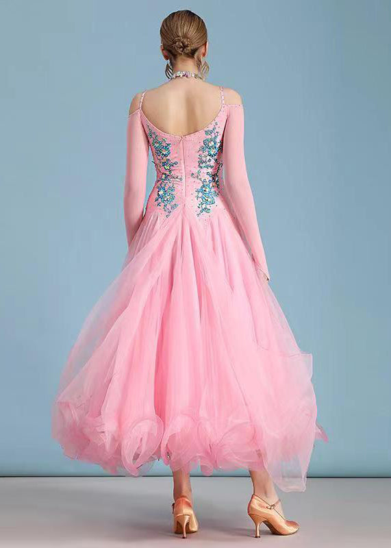 Fitted Pink Embroideried Ruffled Tulle Patchwork Dance Dress Long Sleeve