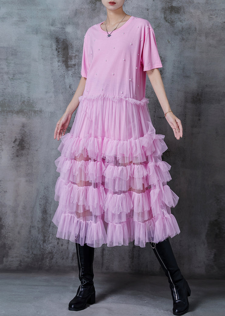 Fitted Pink Nail Bead Patchwork Tulle Cotton Dress Summer