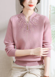 Fitted Pink O Neck Zircon Warm Fleece Knit Sweaters Spring