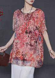 Fitted Pink Oversized Print Chiffon Blouse Tops Summer