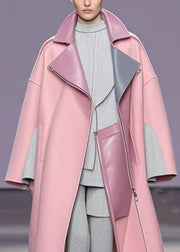 Fitted Pink Peter Pan Collar Patchwork Woolen Trench Fall