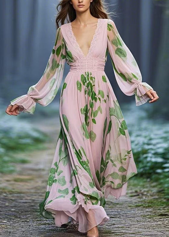 Fitted Pink Print High Waist Chiffon Dresses Butterfly Sleeve