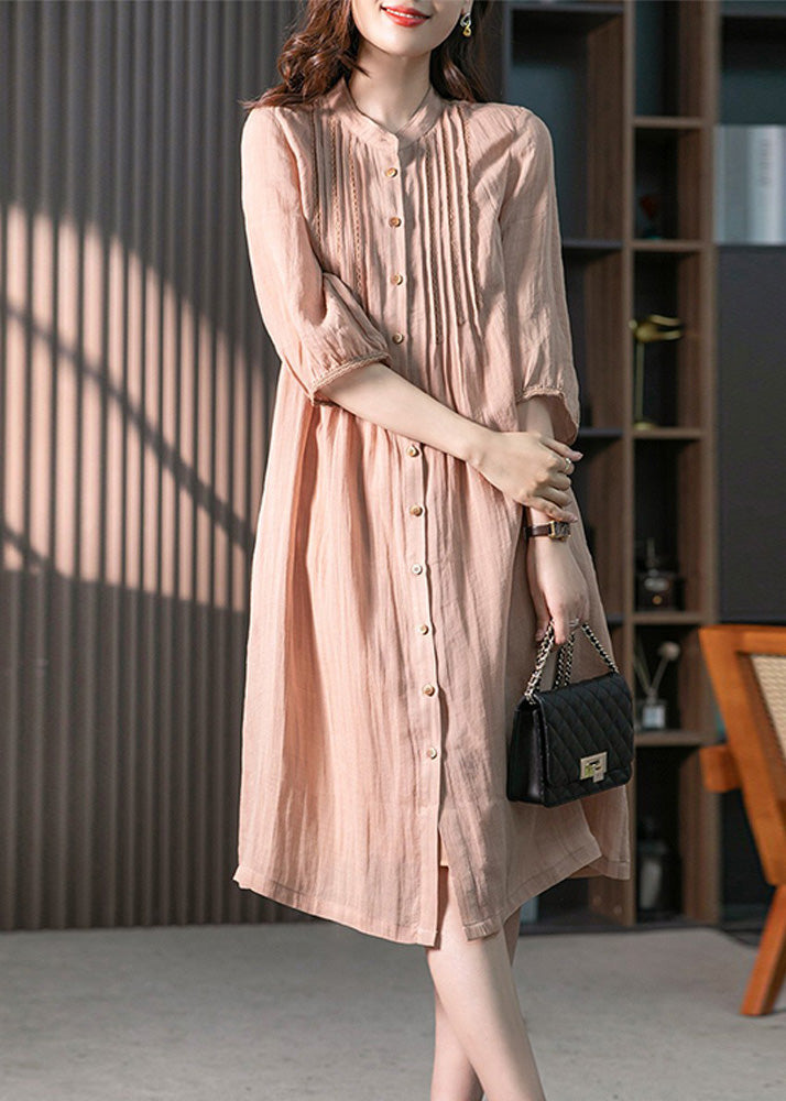 Fitted Pink Stand Collar Button Linen Maxi Dresses Spring