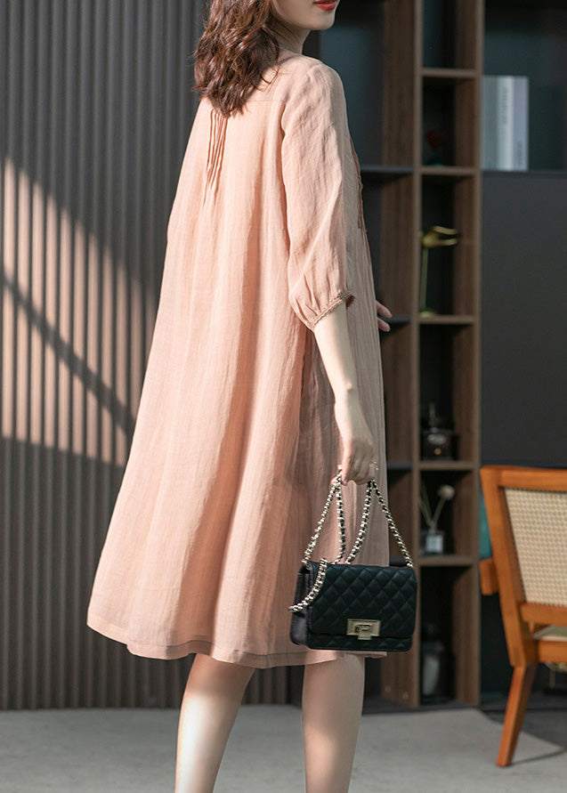 Fitted Pink Stand Collar Button Linen Maxi Dresses Spring