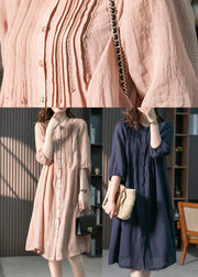 Fitted Pink Stand Collar Button Linen Maxi Dresses Spring