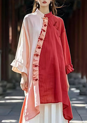 Fitted Pink Stand Collar Ruffled Button Long Dress Long Sleeve