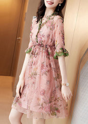 Fitted Pink V Neck Ruffled Print Chiffon Maxi Dress Half Sleeve