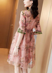 Fitted Pink V Neck Ruffled Print Chiffon Maxi Dress Half Sleeve