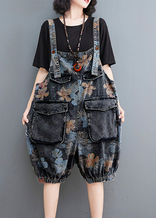 Fitted Print Patchwork Button Denim Lantern Jumpsuits Summer