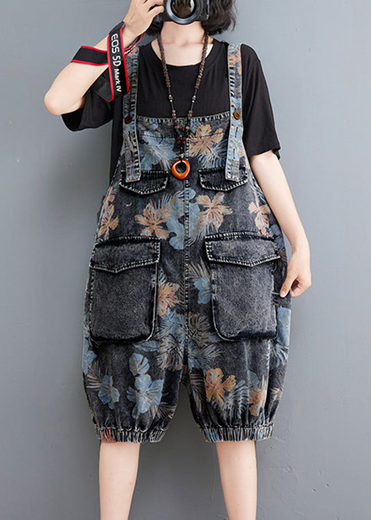 Fitted Print Patchwork Button Denim Lantern Jumpsuits Summer