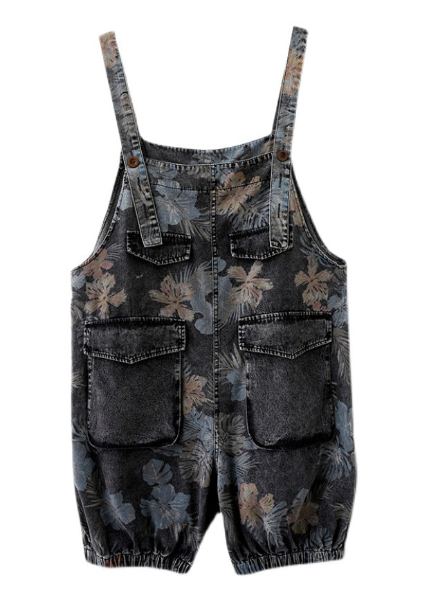 Fitted Print Patchwork Button Denim Lantern Jumpsuits Summer