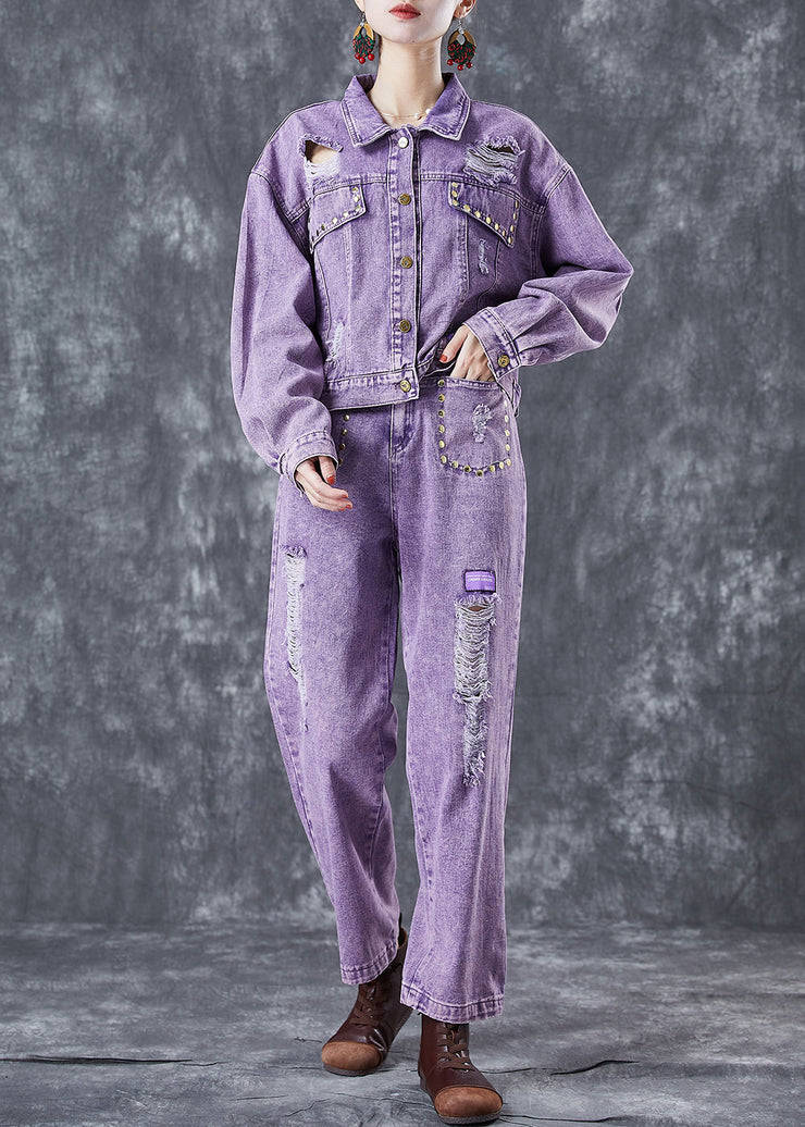 Fitted Purple Hollow Out Rivet Denim Two Pieces Set Summer