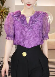 Fitted Purple O Neck Floral Patchwork Chiffon Top Summer