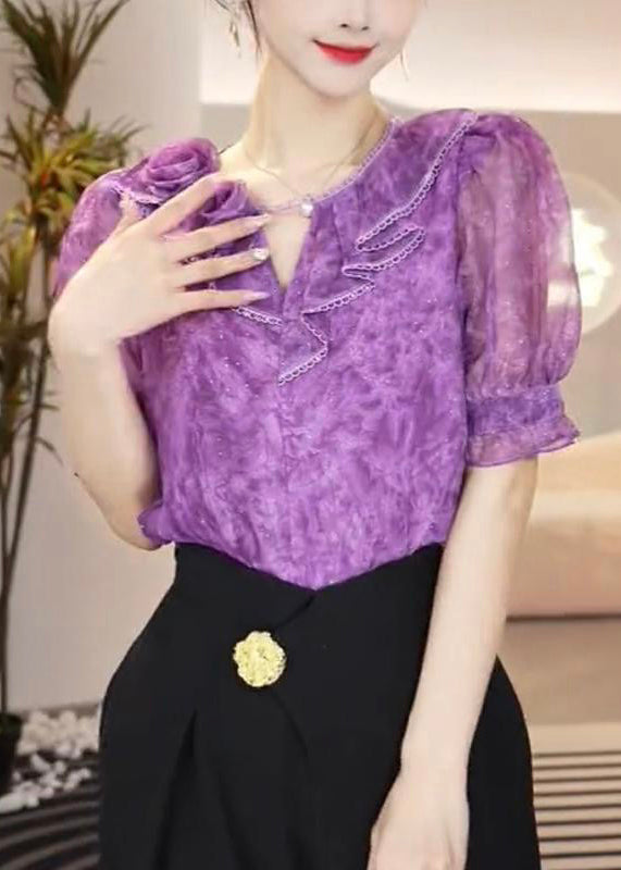 Fitted Purple O Neck Floral Patchwork Chiffon Top Summer