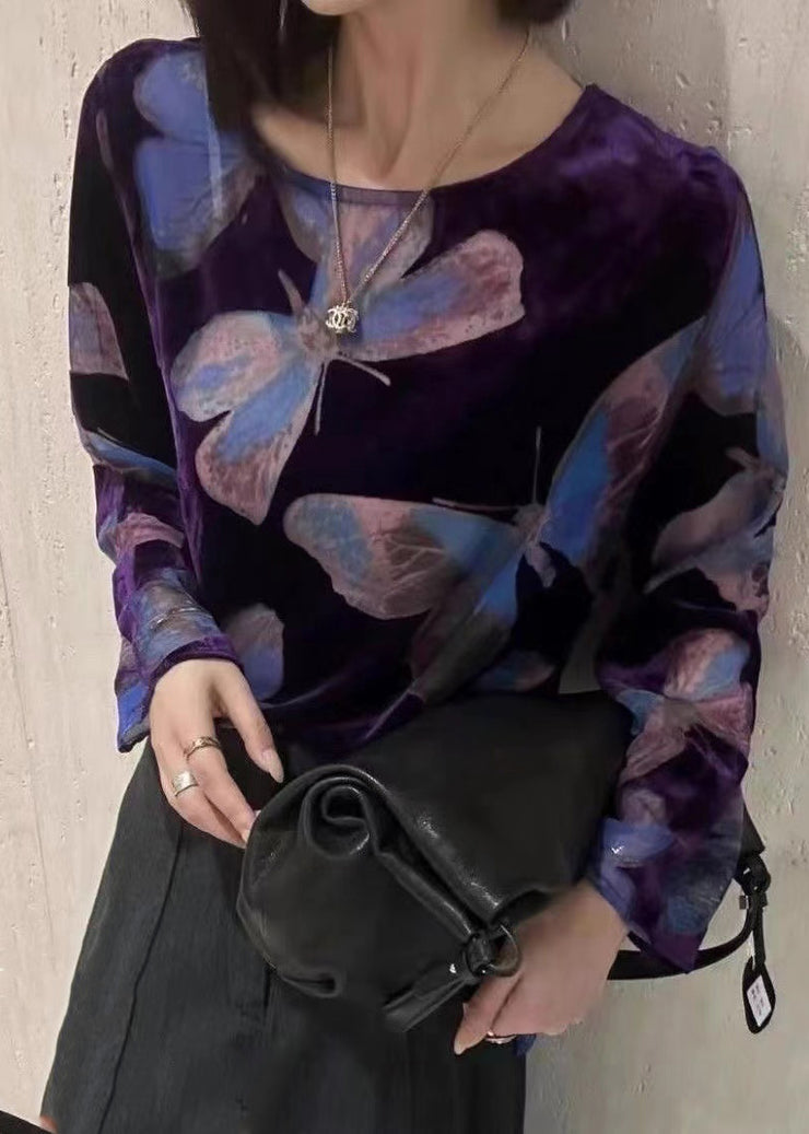 Fitted Purple O Neck Print Silk Velour Shirts Fall