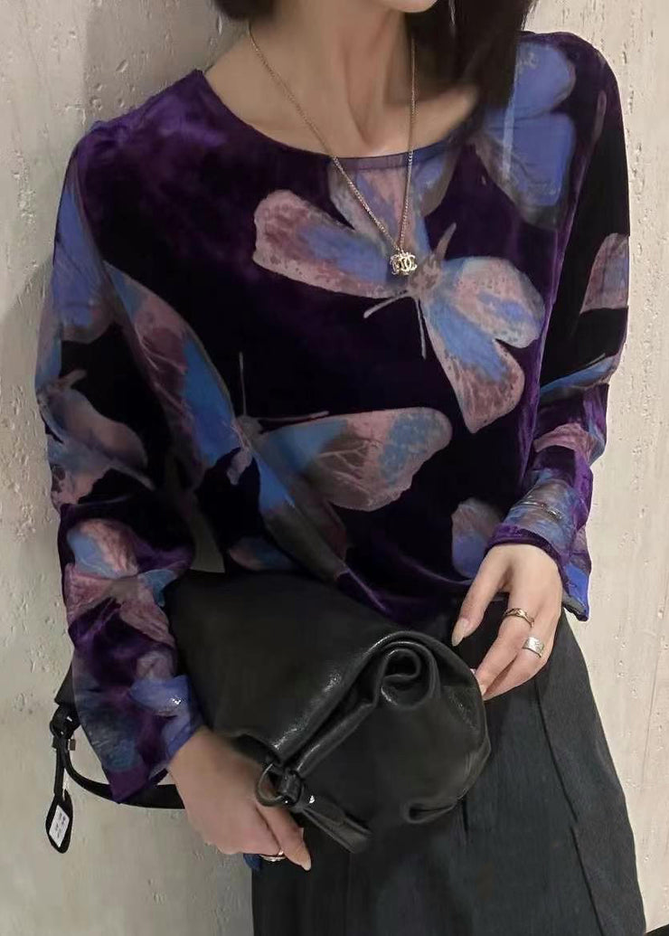 Fitted Purple O Neck Print Silk Velour Shirts Spring