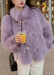 Fitted Purple Stand Collar Button Leather And Fur Coats Spring