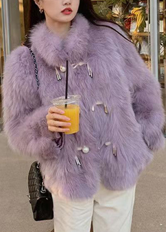 Fitted Purple Stand Collar Button Leather And Fur Coats Winter