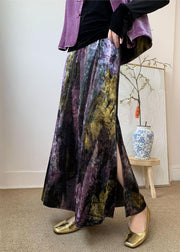 Fitted Purple Tie Dye Side Open Silk Velvet Skirts Spring