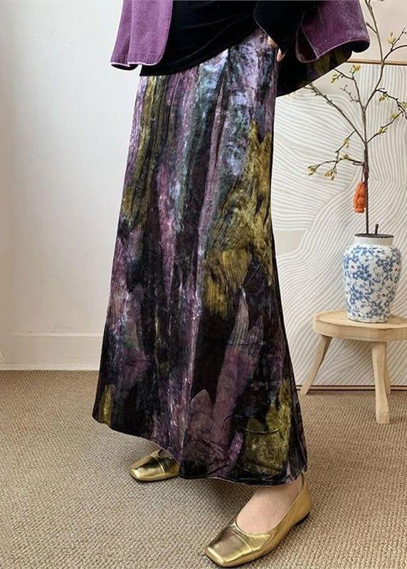 Fitted Purple Tie Dye Side Open Silk Velvet Skirts Spring